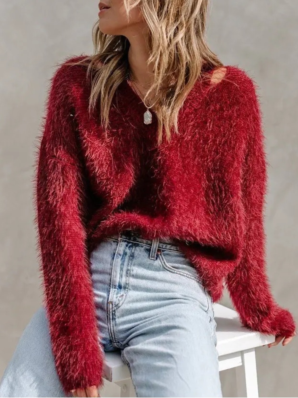 lovestitch Angelic Fuzzy V-Neck Sweater - Deep Red